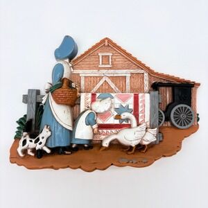 Vintage Amish Farm Scene Wall Hanging Barn Quilt Geese Rustic Country Folk Art